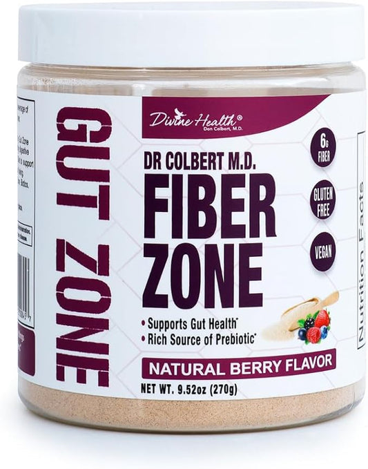 Dr Colbert MD Fiber Zone Powder | Berry Flavor | Prebiotics, Isoluble & Soluble Fiber | Psyllium Husk | Inulin | Recommended in Keto Zone Diet & Healthy Gut Zone | 9.52 oz