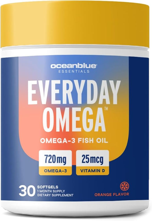 Oceanblue Omega 3 Supplement for Women | Burpless Fish Oil 720mg with Vitamin D3 | Heart Immune Support, Molecularly Distilled Orange Flavor (30 Count One a Day Omega)