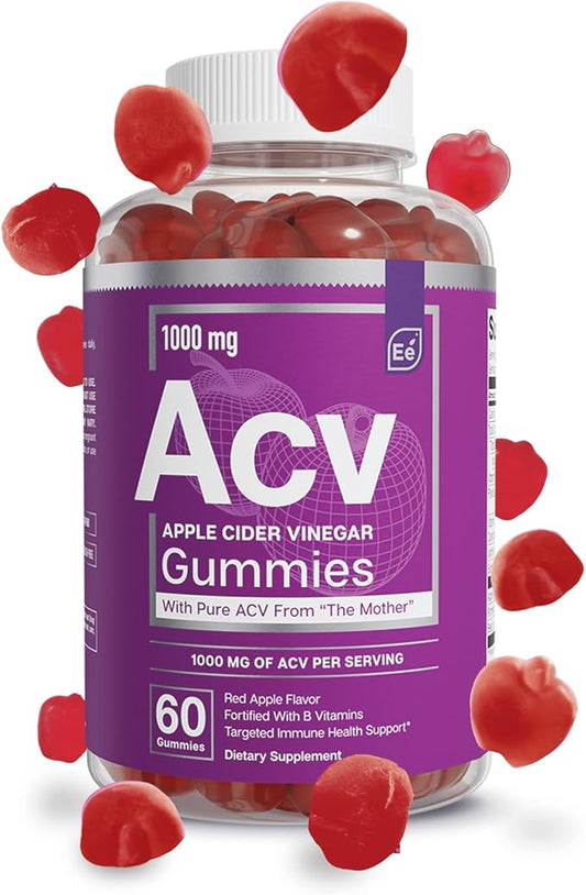 Essential Elements Apple Cider Vinegar Gummies from The Mother - Naturally-Sourced, Vegan ACV with Folic Acid and Vitamin B6 & B12 60 Count