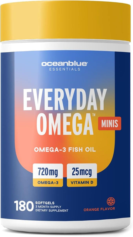 Oceanblue Essentials Everyday Omega Minis | Burpless Fish Oil with Vitamin D3 | Heart and Immune Support | Easy to Swallow Mini Softgels | Orange Flavor | 3 Month Supply (180 Count Minicap)