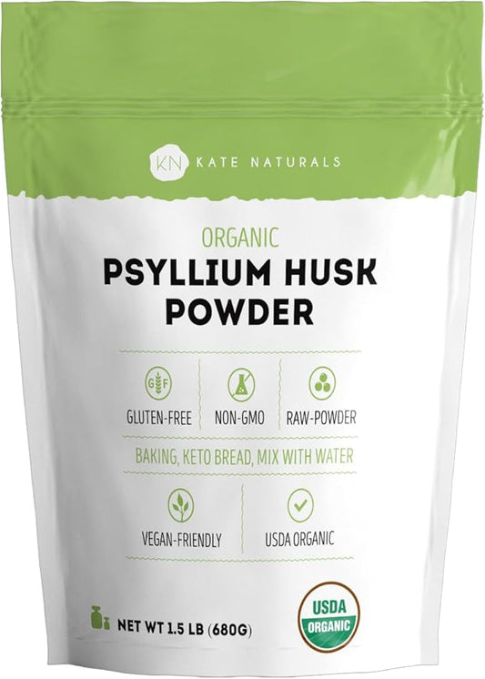 Kate Naturals Psyllium Husk Powder for Baking, Fiber. Psyllium Seed Powder for Dogs & Cats (1.5lb, Organic, Gluten Free, Pet Safe)