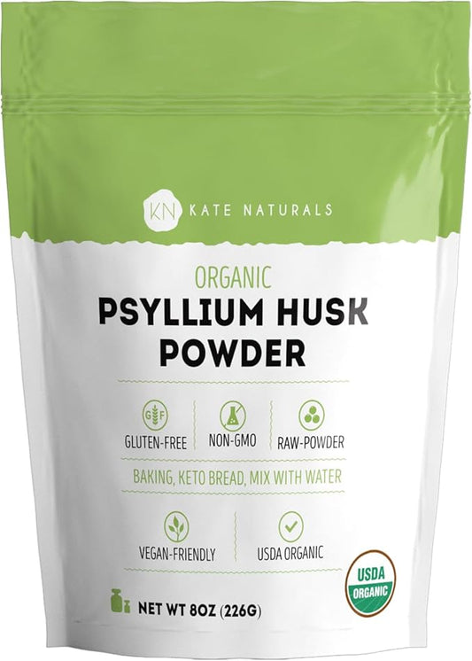 Kate Naturals Psyllium Husk Powder for Baking, Fiber. Psyllium Seed Powder for Dogs & Cats (8oz, Organic, Gluten Free, Pet Safe)