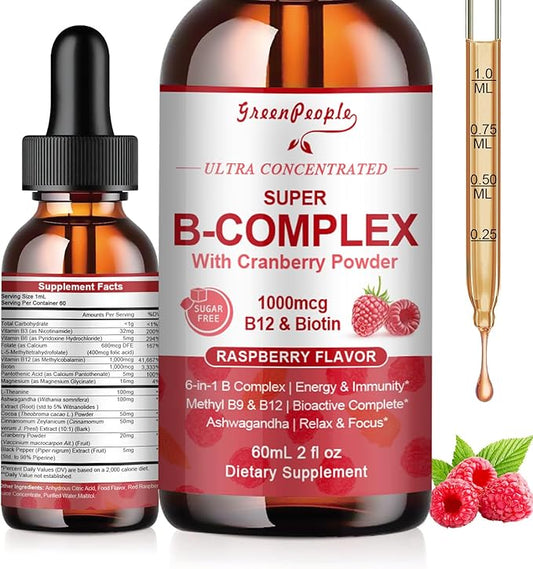 Super B-Complex Liquid Drops | B12 Methylcobalamin + Methyl Folate | B Vitamins Complex w/B3,B5,B6,B7, Ashwagandha & L-Theanine for Energy, Focus & Immunity, Vegan Raspberry 2fl Oz