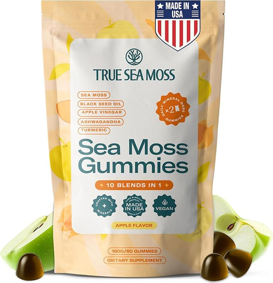 Sea Moss & Apple Cider Vinegar Gummies – 10-in-1 Herbal Blend with Black Seed Oil, Ashwagandha, Turmeric, Bladderwrack, Burdock Root & Dandelion – Vegan, USA Made, Natural Apple Flavor – 60 ct