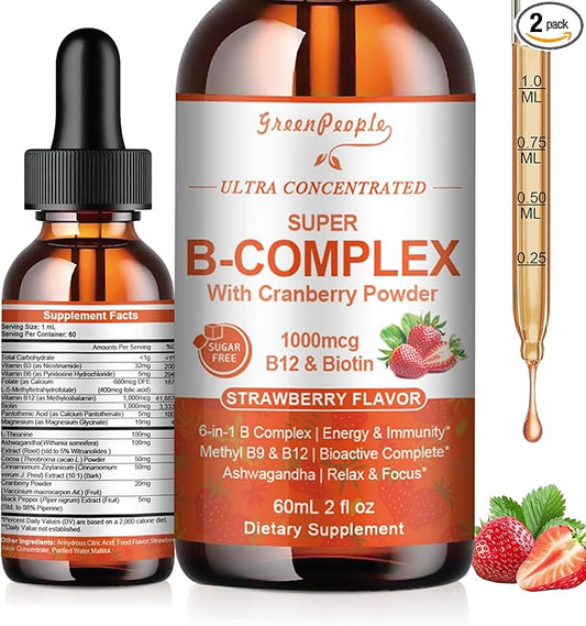 Super B-Complex Liquid Drops | B12 Methylcobalamin + Methyl Folate | B Vitamins Complex w/B3,B5,B6,B7, Ashwagandha & L-Theanine for Energy, Focus & Immunity, Vegan Strawberry 2fl Oz 2 Pack