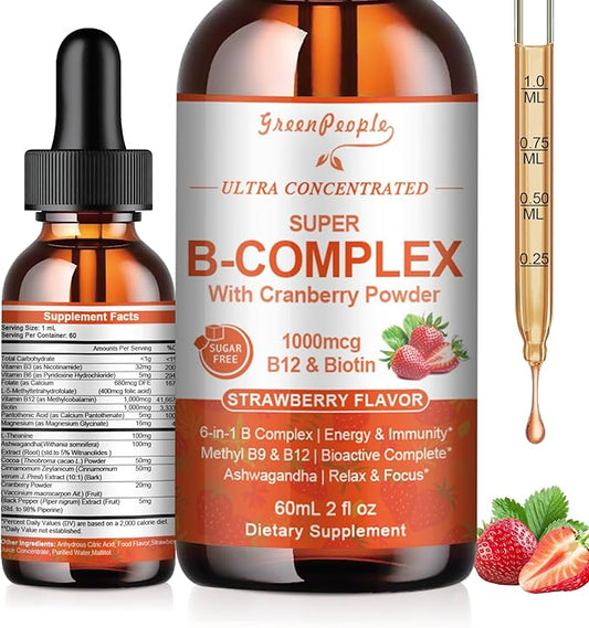 Super B-Complex Liquid Drops | B12 Methylcobalamin + Methyl Folate | B Vitamins Complex w/B3,B5,B6,B7, Ashwagandha & L-Theanine for Energy, Focus & Immunity, Vegan Strawberry 2fl Oz