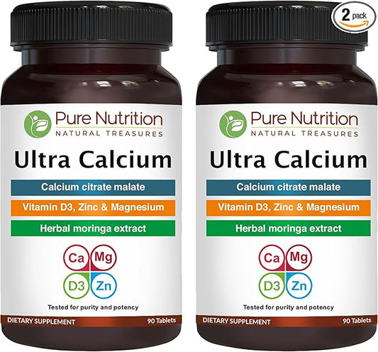Pure Nutrition Ultra Calcium 1000mg with VIT D3 + K2 | 180 Tabs (90 X Pack of 2) | Highly absorbable Calcium Supplement with Calcium Citrate Malate, VIT D3, K2, Moringa Oleifera, Magnesium and Zinc.