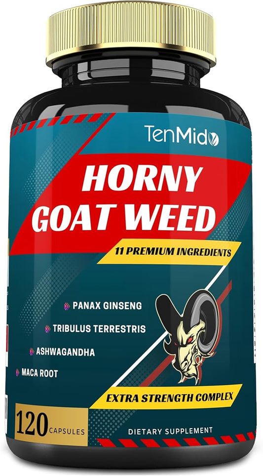 Horny Goat Weed Capsules & Ginseng, Tribulus, Ashwagandha, Maca, Tongkat and More - 120caps