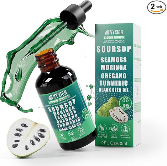 Soursop Pure Liquid Drops 10 in 1 with Sea Moss, Moringa, Turmeric, Black Seed Oil, Oregano, Ashwagandha | Herbal extracts for Overall Health-Enhancing | Vegan, Non-GMO | 4 Fl Oz