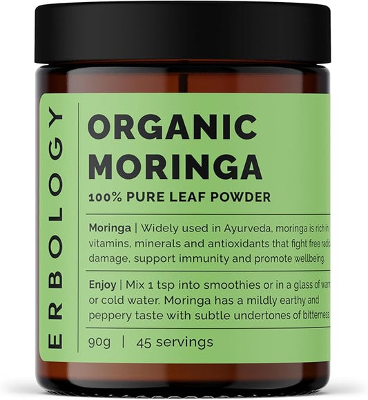 Erbology Organic Moringa Leaf Powder 3.2 oz - 45 Servings - Body Cleansing - Immunity Support - Rich in Iron - Sustainably Sourced Straight from Farm in India - Small Batch - Vegan - GMO-Free
