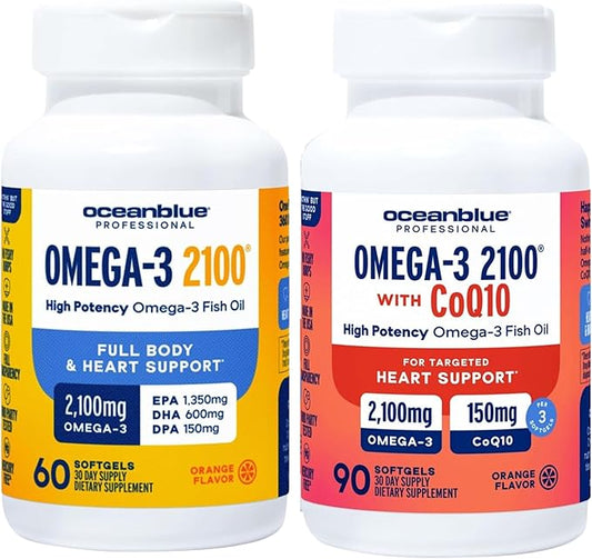 Oceanblue Omega-3 2100 Bundle – CoQ10 90ct + Triple Strength 60ct – High-Potency EPA, DHA & DPA – Heart & Brain Support – Orange Flavor, Burpless Fish Oil - 2 Pack