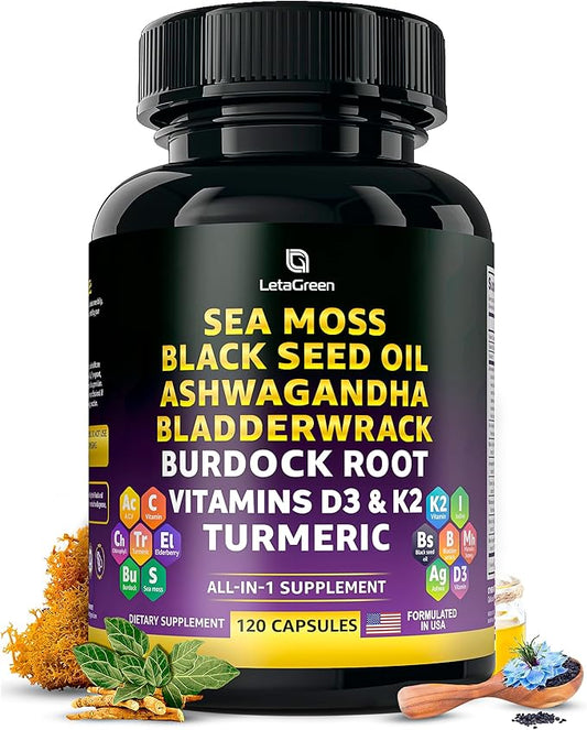 Sea Moss Capsules – 17-in-1 Blend with Black Seed Oil Ashwagandha Bladderwrack Burdock Root Turmeric Vitamin D3 K2 C for Daily Wellness – Multimineral Supplement for Men & Women – 120 Count