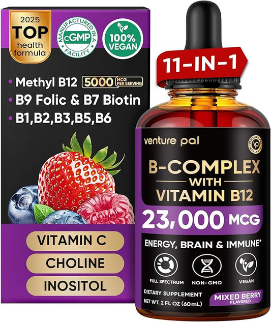 Venture Pal 11-in-1 Vitamin B Complex Liquid Drops, B12 Methylcobalamin | B9 Folic | B1,B2,B3,B5,B6,B7 - Vitamin C, Choline, Inositol, Immune & Energy Metabolism, Brain & Heart Support