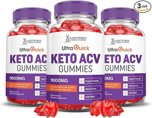 Justified Laboratories (3 Pack Ultra Quick Keto ACV Advanced Formula 1000MG Apple Cider Vinegar Formulated with Pomegranate Beet Juice Powder B12 Vegan Non GMO 180 Gummies