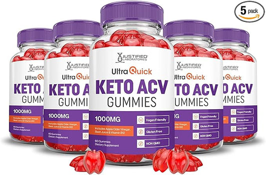 Justified Laboratories (5 Pack Ultra Quick Keto ACV B12 Vegan Non GMO 300 Gummies