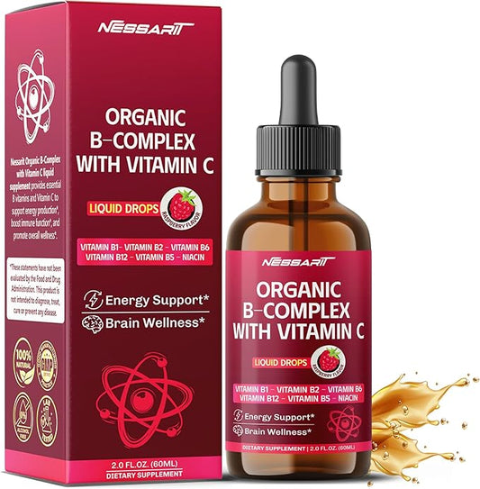 Organic B-Complex Liquid Drops with Vitamin C - B1, B2, B6, B12, B5, Niacin - Energy Support, Brain Wellness - Raspberry Flavor - Made in USA - 2.0 fl oz (60ml)