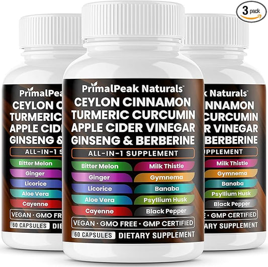 Ceylon Cinnamon Apple Cider Vinegar Turmeric Curcumin Panax Ginseng Berberine with Bitter Melon Banaba Milk Thistle Gymnema Sylvestre Vegan Capsules - 180 Count