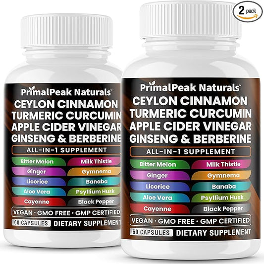 Ceylon Cinnamon Apple Cider Vinegar Turmeric Curcumin Panax Ginseng Berberine with Bitter Melon Banaba Milk Thistle Gymnema Sylvestre Vegan Capsules - 120 Count
