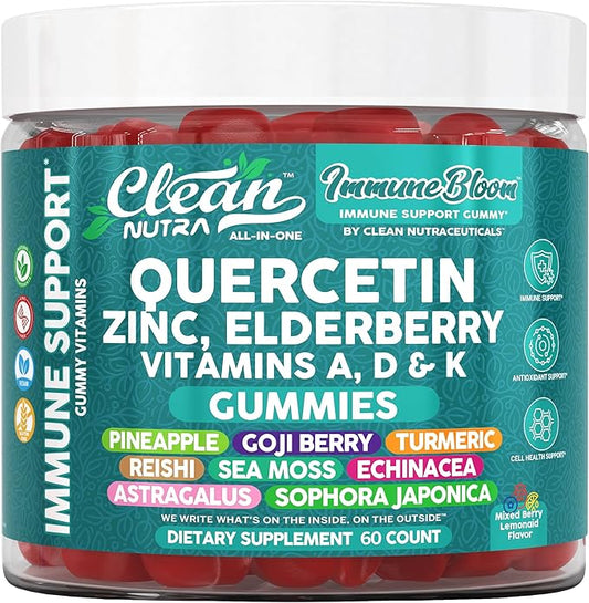 Clean Nutraceuticals Quercetin Zinc Elderberry VitaminDVitaminK2 Goji Berry Turmeric Sea Moss Echinacea Astragalus Mushrooms Olive Leaf Extract D3K2 Selenium Supplements Immunity 60 Gummies